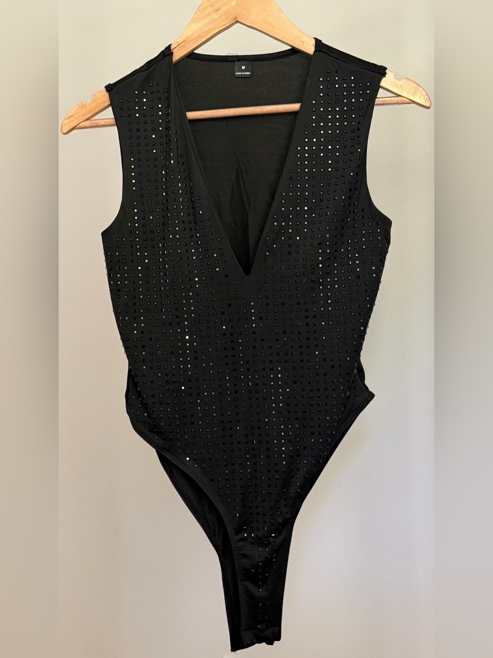 Black Rhinestone Studded Deep V Bodysuit – Size M